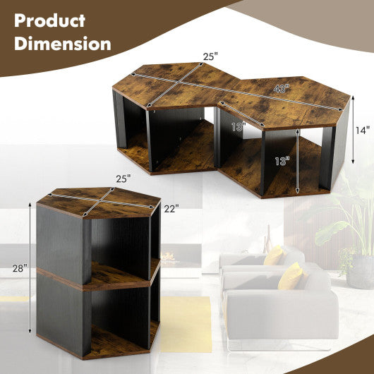 2 Pieces Hexagonal Side End Table for Living Office Coffee Room-Coffee