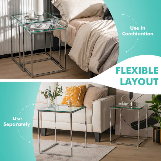 2 Pieces Modern Nesting Coffee Table with Tempered Glass Top and Steel Frame-Sliver