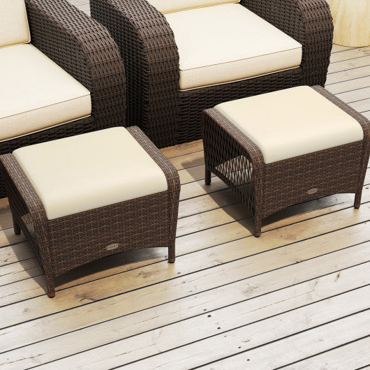 Set of 2 Outdoor Patio PE Wicker Ottomans with Removable Cushions-Beige
