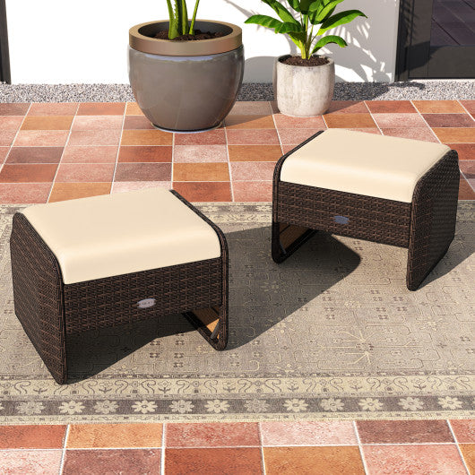 2 Pieces Outdoor Patio PE Wicker Ottomans with Removable Cushions-Brown