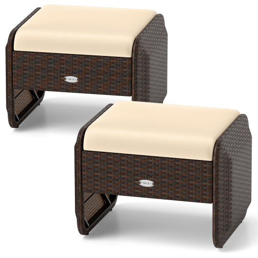 2 Pieces Outdoor Patio PE Wicker Ottomans with Removable Cushions-Brown