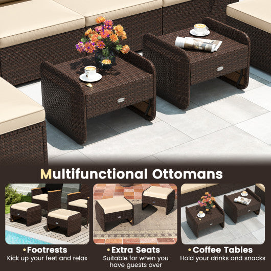 2 Pieces Outdoor Patio PE Wicker Ottomans with Removable Cushions-Brown