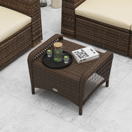 Set of 2 Outdoor Patio PE Wicker Ottomans with Removable Cushions-Beige
