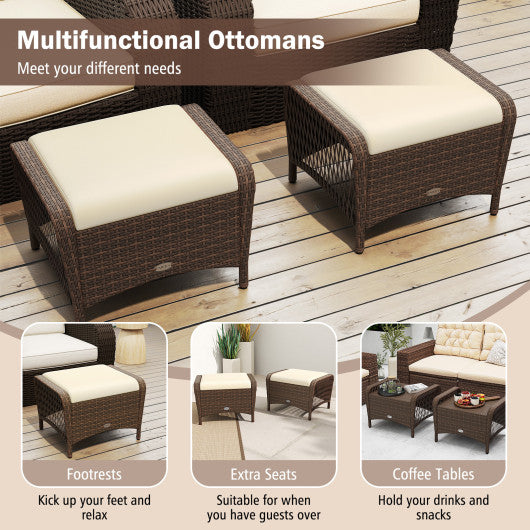 Set of 2 Outdoor Patio PE Wicker Ottomans with Removable Cushions-Beige