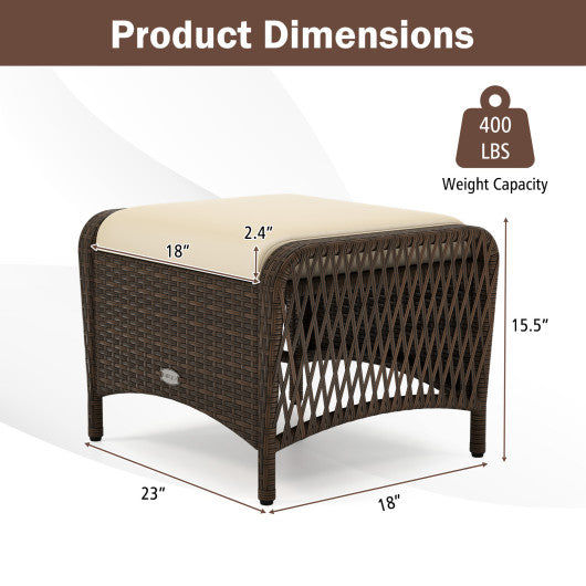 Set of 2 Outdoor Patio PE Wicker Ottomans with Removable Cushions-Beige