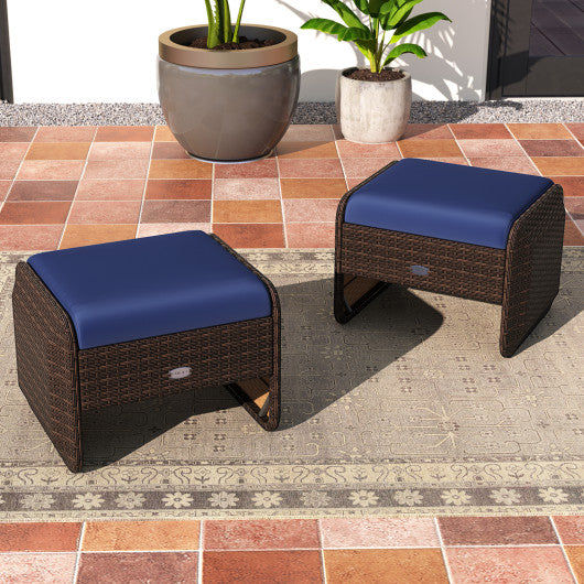2 Pieces Outdoor Patio PE Wicker Ottomans with Removable Cushions-Navy