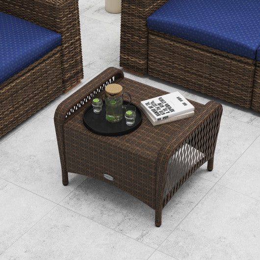 Set of 2 Outdoor Patio PE Wicker Ottomans with Removable Cushions-Navy