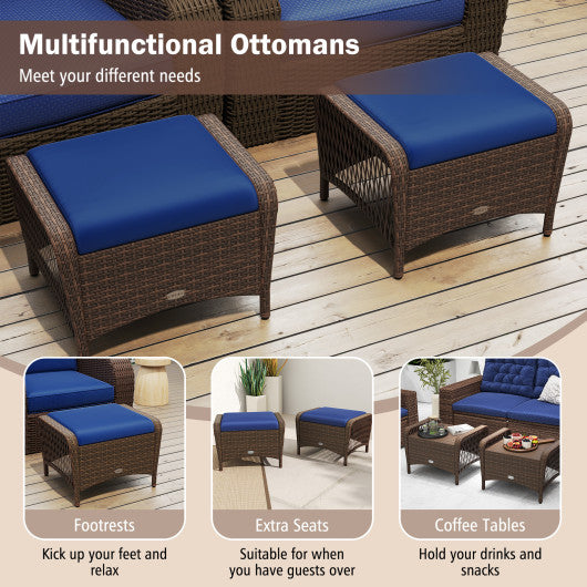 Set of 2 Outdoor Patio PE Wicker Ottomans with Removable Cushions-Navy