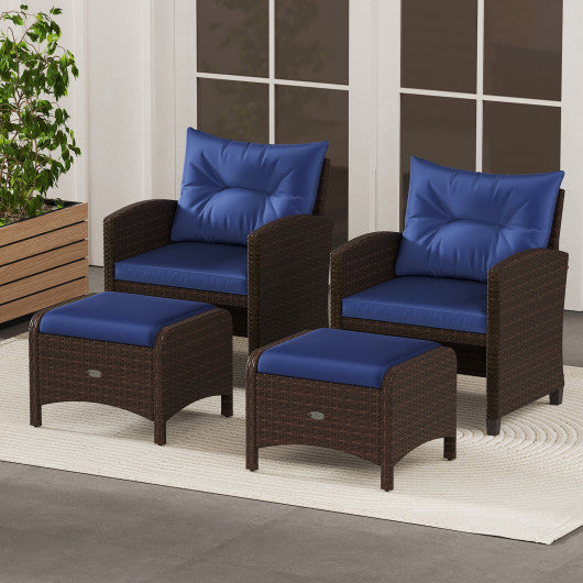 2 Pieces Outdoor Patio PE Wicker Ottomans with Removable Cushions-Navy