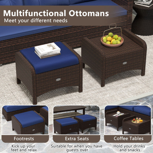2 Pieces Outdoor Patio PE Wicker Ottomans with Removable Cushions-Navy