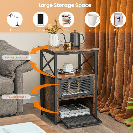 Set of 2 Modern Nightstand with 2 Flip Drawers and Open Shelf-Rustic Brown