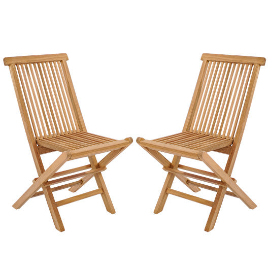 Set of 2 Indonesia Teak Patio Folding Chairs with High Back and Slatted Seat
