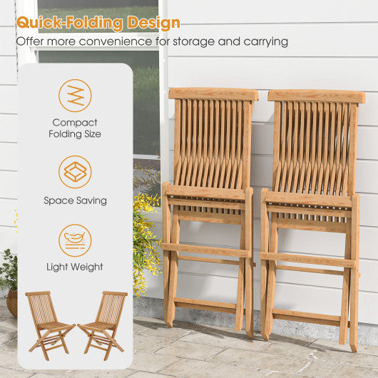 Set of 2 Indonesia Teak Patio Folding Chairs with High Back and Slatted Seat