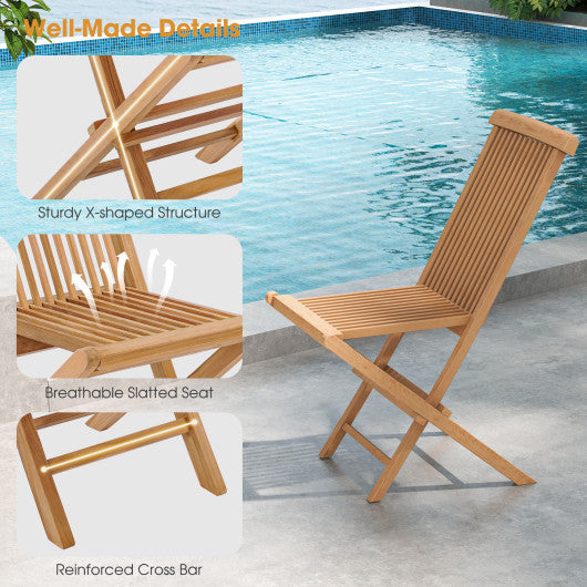 Set of 2 Indonesia Teak Patio Folding Chairs with High Back and Slatted Seat