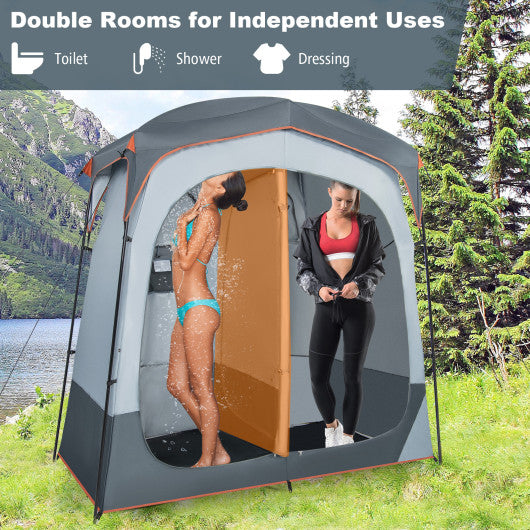 2 Rooms Oversize Privacy Shower Tent with Removable Rain Fly and Inside Pocket-Gray