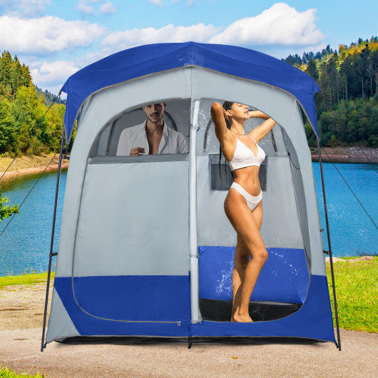 2 Rooms Oversize Privacy Shower Tent with Removable Rain Fly and Inside Pocket-Blue