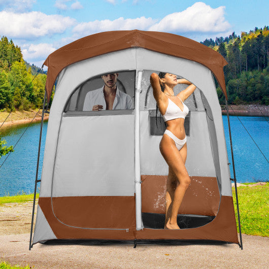 2 Rooms Oversize Privacy Shower Tent with Removable Rain Fly and Inside Pocket-Brown