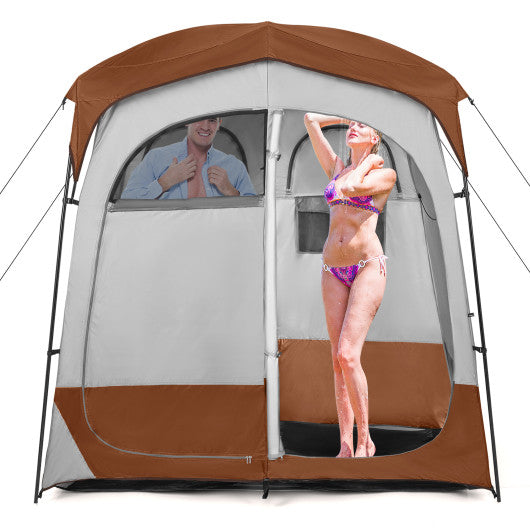 2 Rooms Oversize Privacy Shower Tent with Removable Rain Fly and Inside Pocket-Brown