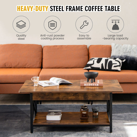2-Tier Industrial Rectangular Coffee Table with Storage Shelf-Rustic Brown