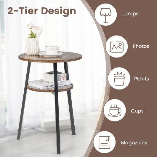 2-Tier Round End Table with Open Shelf and Triangular Metal Frame-Brown