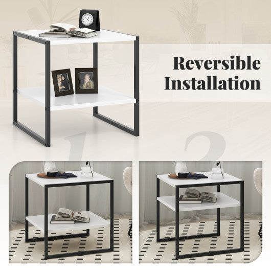 2-Tier Square End Table with Storage Shelf Reversible Design-White