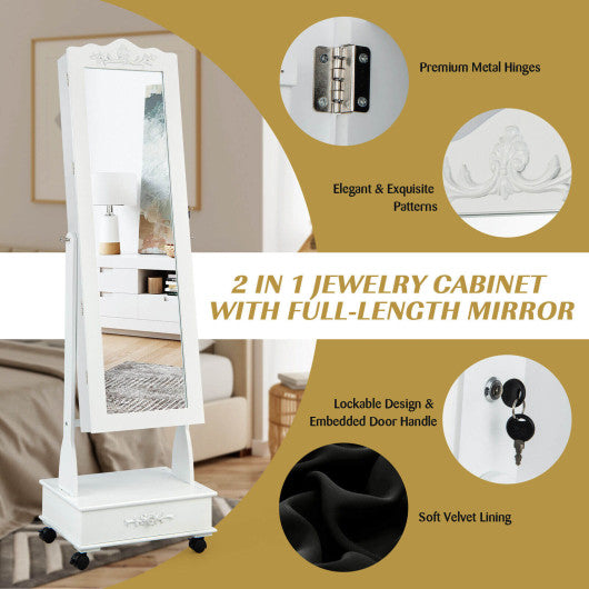 Rolling Floor Standing Mirrored Jewelry Armoire with Lock and Drawers-White