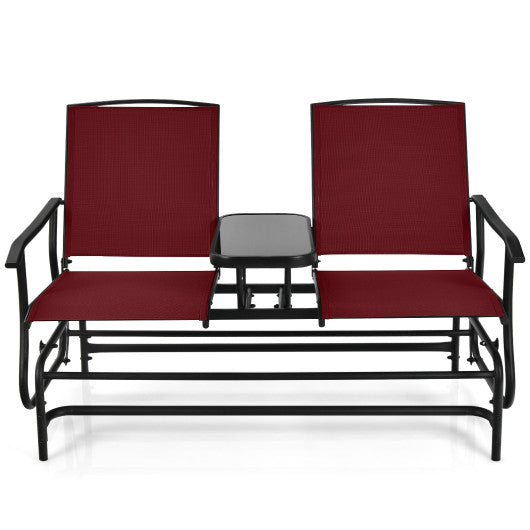 2-Person Double Rocking Loveseat with Mesh Fabric and Center Tempered Glass Table-Red