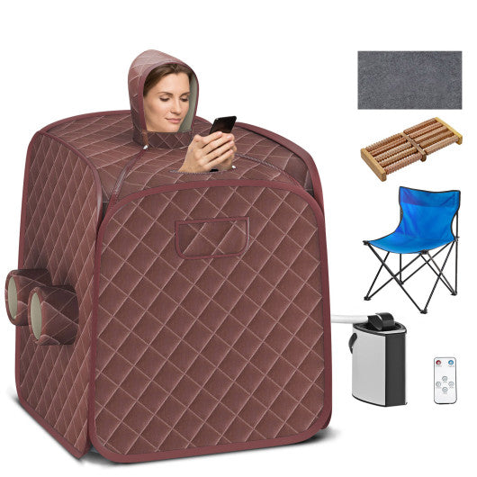 800W 2 Person Portable Steam Sauna Tent SPA with Hat Side Holes 3L Steamer-Coffee