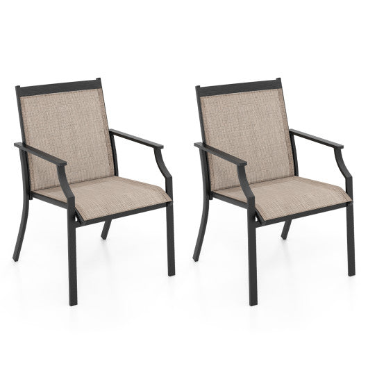 2 Piece Patio Dining Chairs Large Outdoor Chairs with Breathable Seat and Metal Frame-Brown