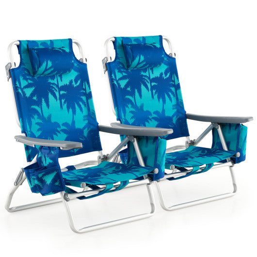 2 Pieces Folding Backpack Beach Chair with Pillow-Peacock Blue