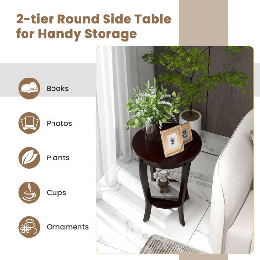 2-tier Round End Table with Solid Wood Legs-Espresso