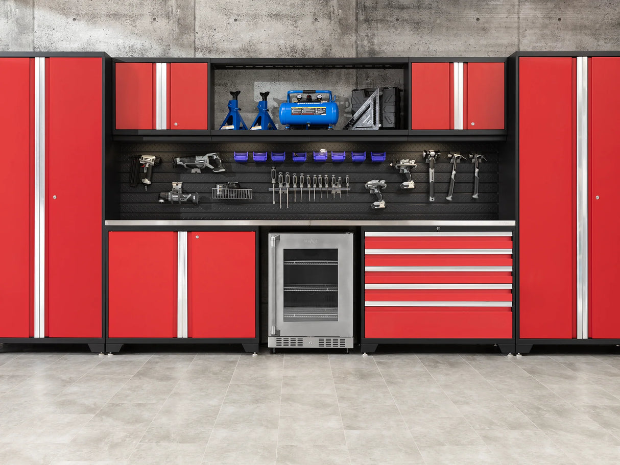 Pro Series 9 Piece Cabinet Set with Wall, Tool Drawer Cabinet, Lockers, and Glass Door Fridge