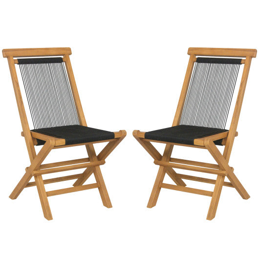 2 Piece Indonesia Teak Patio Folding Chairs with Woven Rope Seat and Back for Porch Backyard Poolside