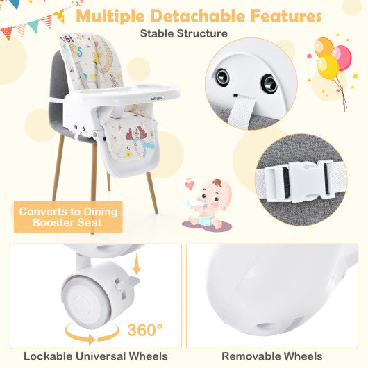 3-In-1 Convertible Highchair with Adjustable Height and 5-Point Safety Belt and Lockable Wheels-Beige