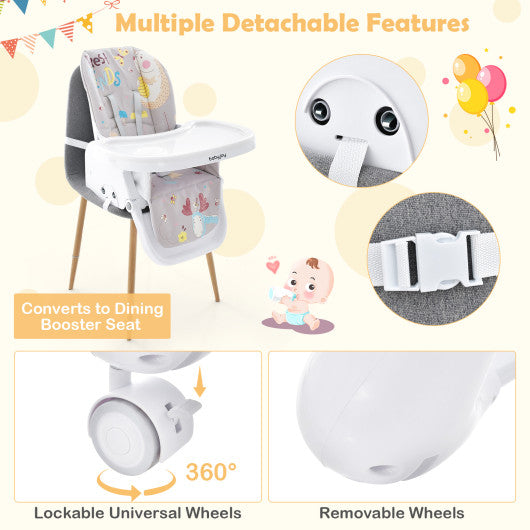 3-In-1 Convertible Highchair with Adjustable Height and 5-Point Safety Belt and Lockable Wheels-Gray