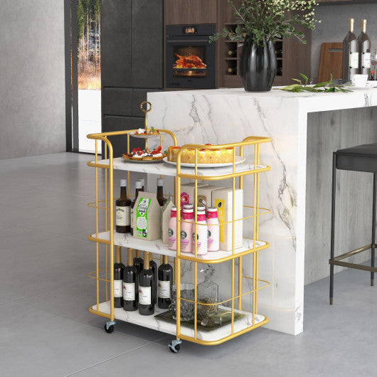3-Tier Metal Kitchen Storage Serving Cart Trolley with Marble Tabletop and Handles-Golden