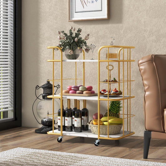 3-Tier Metal Kitchen Storage Serving Cart Trolley with Marble Tabletop and Handles-Golden