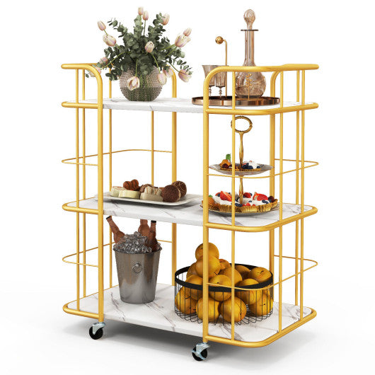3-Tier Metal Kitchen Storage Serving Cart Trolley with Marble Tabletop and Handles-Golden