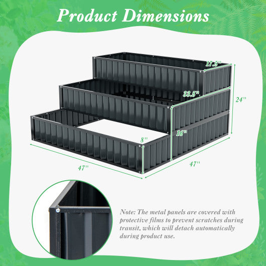Heavy-Duty Metal Outdoor 3-Tier Raised Garden Bed Planter Box-Black