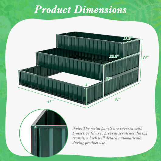Heavy-Duty Metal Outdoor 3-Tier Raised Garden Bed Planter Box-Green