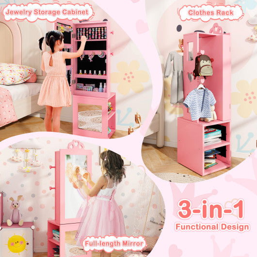 3-in-1 Freestanding Kids Jewelry Cabinet Armoire with Full Length Mirror-Pink