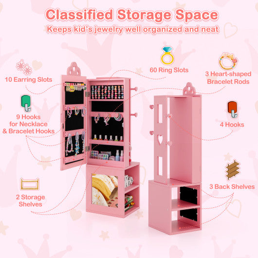 3-in-1 Freestanding Kids Jewelry Cabinet Armoire with Full Length Mirror-Pink