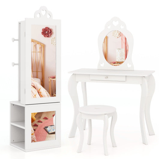 3-in-1 Freestanding Kids Jewelry Cabinet Armoire with Full Length Mirror-White