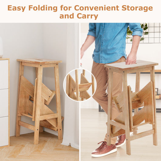 3-in-1 Rubber Wood 3 Tier Folding Step Stool Ladder Storage Shelf-Natural