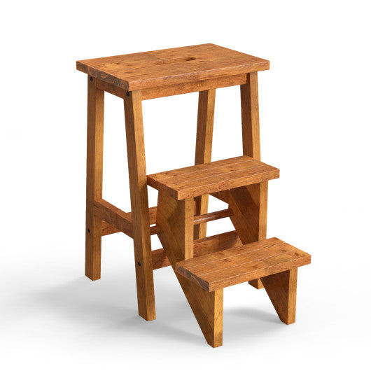 3-in-1 Rubber Wood Step Stool with Convenient Handle-Dark Brown