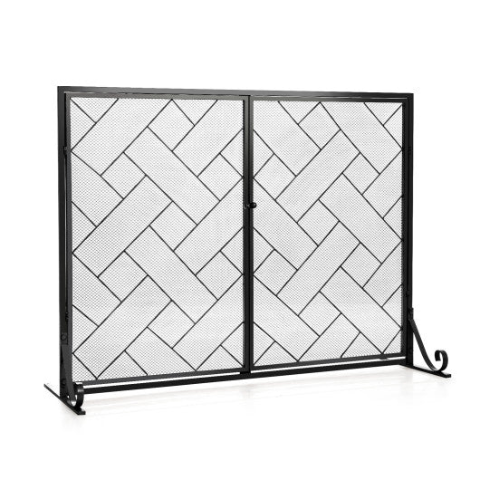 2-Panel Fireplace Screen Folding Metal Fire Place Safety Fence with Magnetic Doors-Black