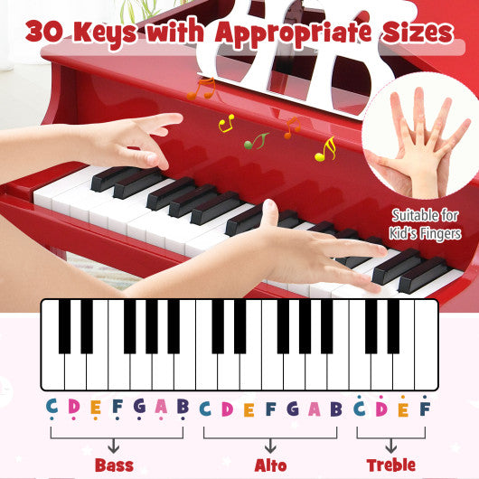 30-Key Wood Toy Kids Grand Piano with Bench and Music Rack-Red