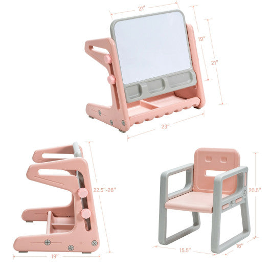 2 in 1 Kids Easel Table and Chair Set with Adjustable Art Painting Board-Pink