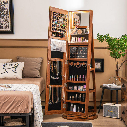 360° Rotating Mirrored Jewelry Cabinet Armoire 3 Color LED Modes Lockable-Dark Brown