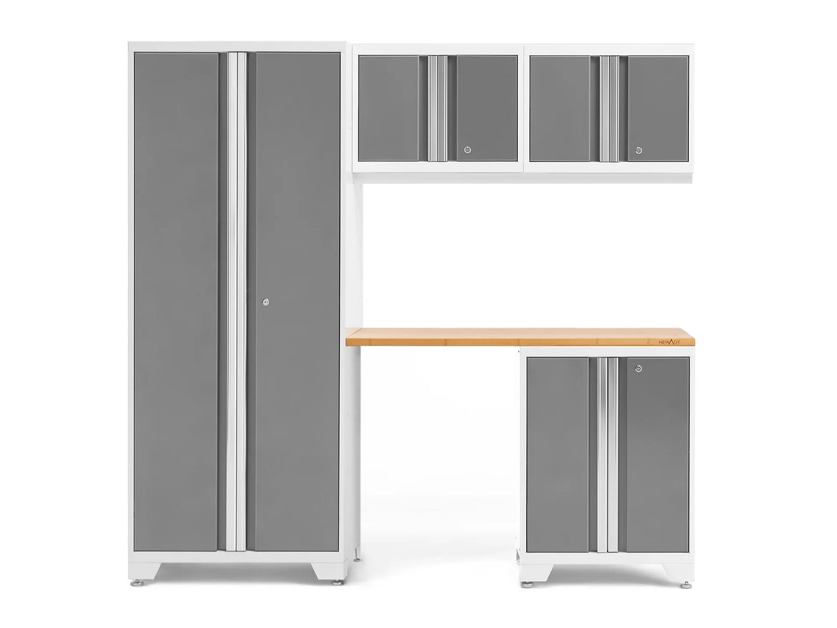 Bold Series 5 Piece Cabinet Set with Multi-Use Locker, Base & Wall Cabinet, and Worktop